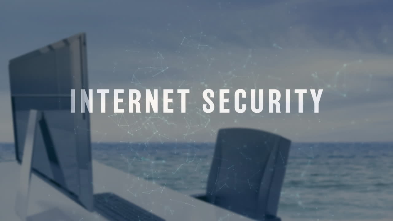 Animation of internet security text over shapes and computer