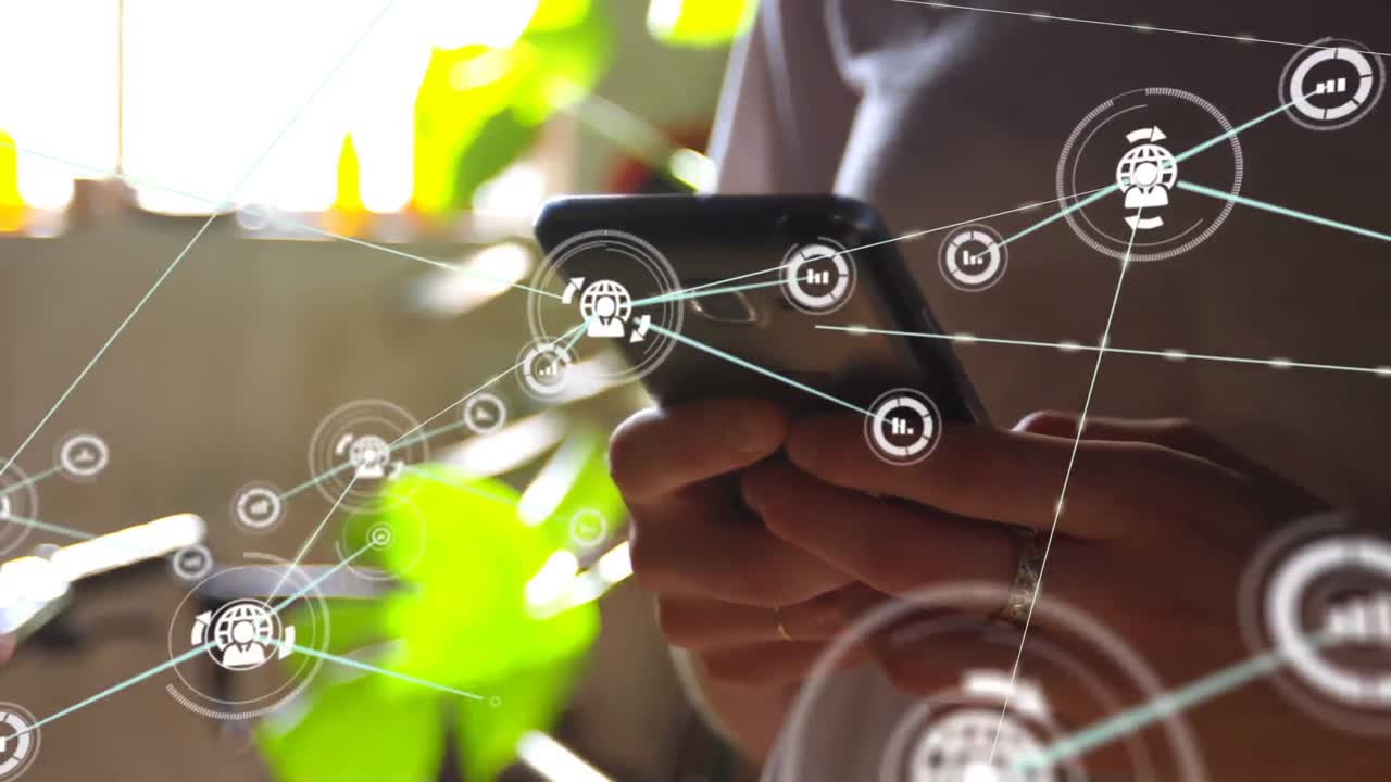 animación de una red de conexiones con iconos sobre una mujer caucásica usando un teléfono inteligente