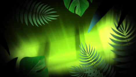 animation of pattern with exotic leaves over glowing green background