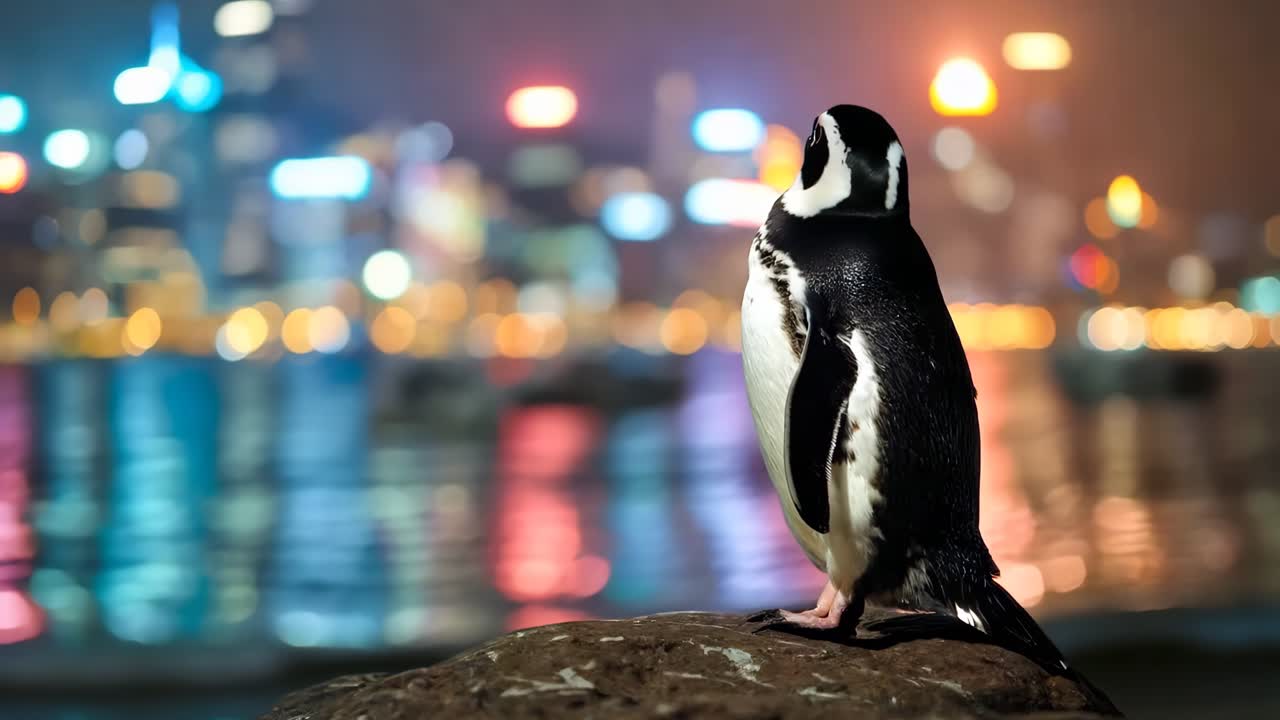un pingüino de pie en una roca frente a una ciudad por la noche