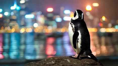 a penguin standing on a rock in front of a city at night