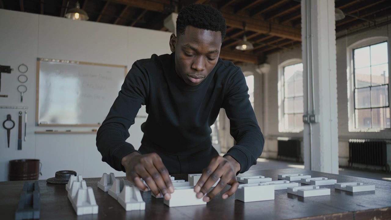 Leaning forward, man in black long-sleeve top arranging model blocks in loft studio