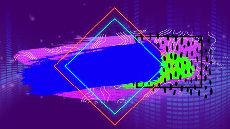 animación de triángulos de colores y cuadrados sobre fondo púrpura