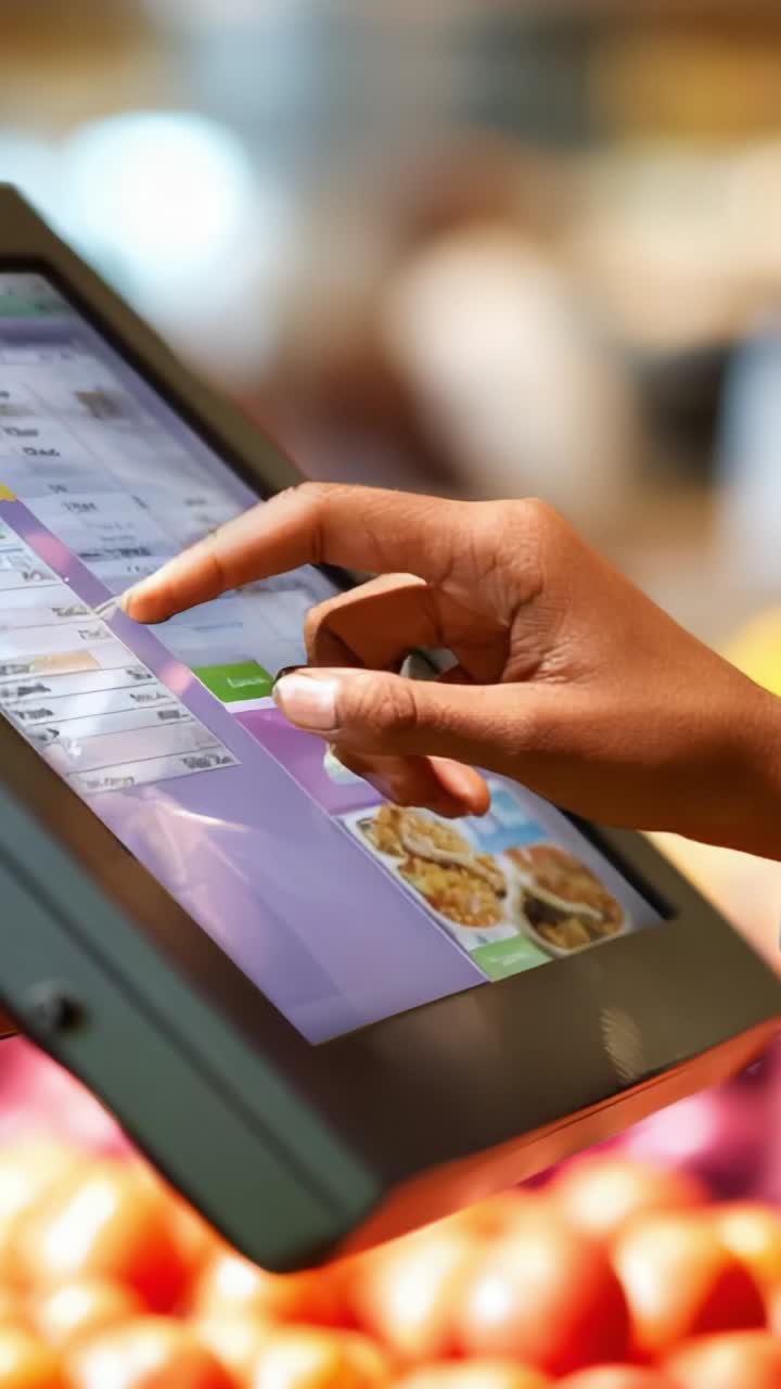 User Interacts with Touchscreen Display in Market, Selecting Options on Smooth Interface Surrounded by Colorful Fresh Produce in a Busy Environment