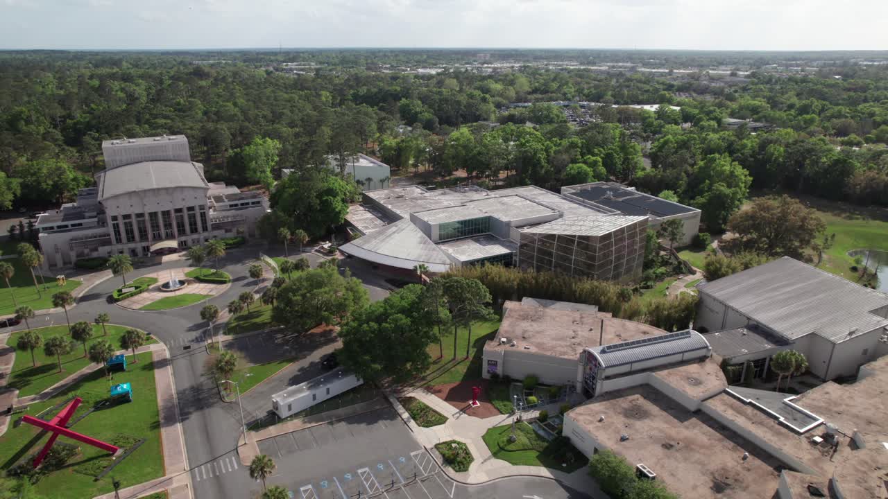 University of Florida, Museum of Natural History, Harn Museum of Art and Phillips Center of the Performing Arts, aerial shot, 4K