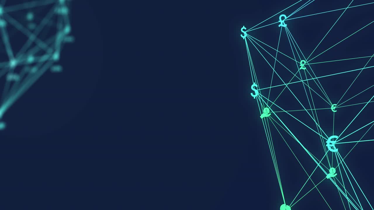 animación de globos de iconos financieros girando y procesamiento de datos financieros contra un fondo azul