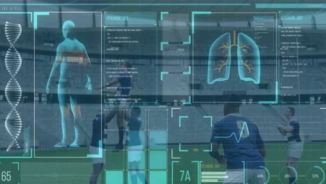 Animation-of-digital-interface-with-data-processing-over-football-players