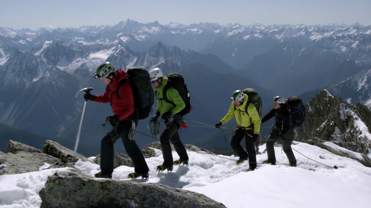 Four mountaineers roped together ascending a snowy mountain ridge with a vast alpine range in the background