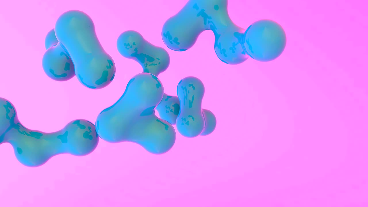 Abstract bubbles motion 3d animation. Blue blobs merging and separating slow motion on gradient pink and orange background. Microorganism cells closeup dividing under microscope realistic rendering