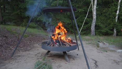 Lagerfeuergrill-Oder-Feuerstellengrill-Mit-Brennendem-Holz-Im-Feuerraum