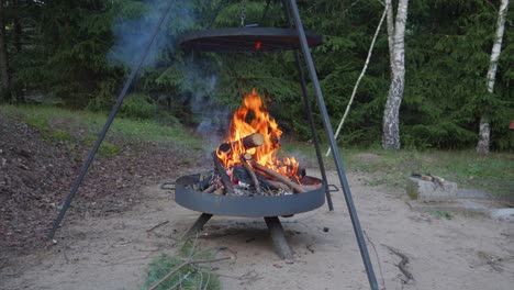 parrilla de campamento o parrilla de fogata con leña ardiendo en la chimenea