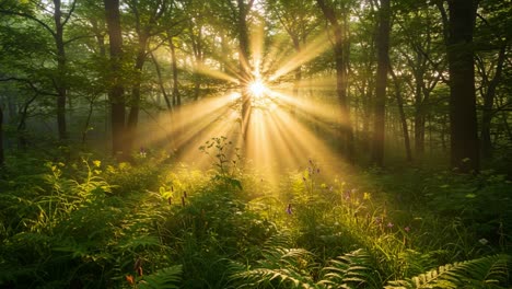 a serene interplay of light and nature: captivating sunbeams filter through lush forest canopy, illuminating vibrant flora in a tranquil woodland setting