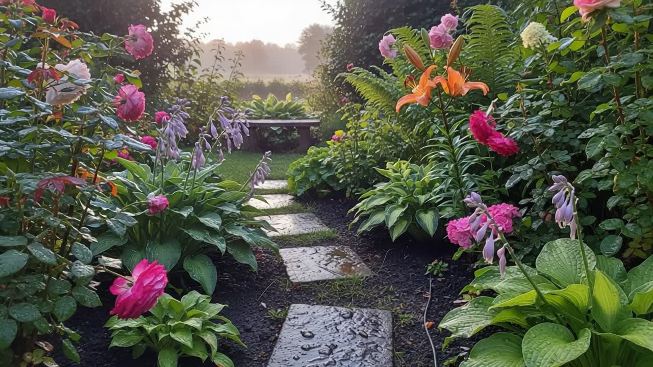 A Serene Garden Path Awash in Morning Dew: Lush Blooms and Vibrant Colors Illuminate the Tranquil Landscape, Inviting Visitors to Embrace Nature's Beauty