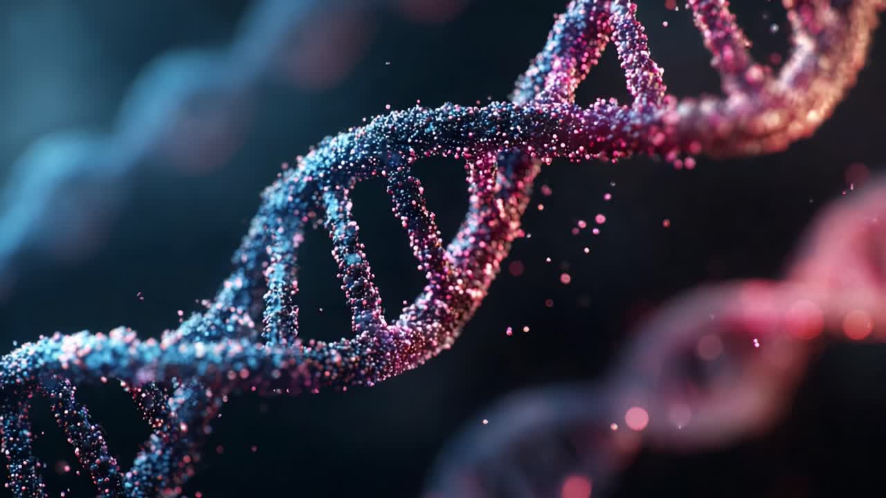 Una visualizzazione straordinaria della struttura dell'elica del DNA con particelle colorate che rappresentano le informazioni genetiche e le interazioni molecolari in formato digitale