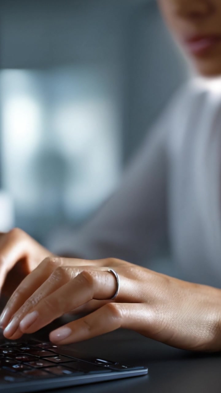 Individuo concentrato che digita sulla tastiera con attenzione ai dettagli, illustrando diligenza nel lavoro e nell'uso della tecnologia.