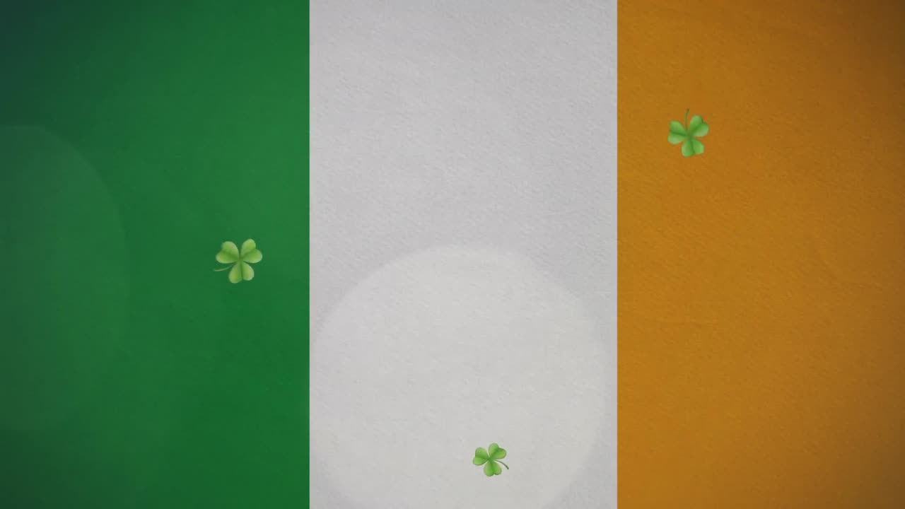 Animazione di trifogli che cadono con la bandiera irlandese sullo sfondo per la Giornata mondiale di San Patrizio