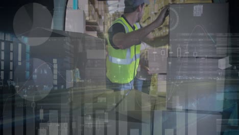 animación del procesamiento de datos sobre el hombre empacando cajas en el coche