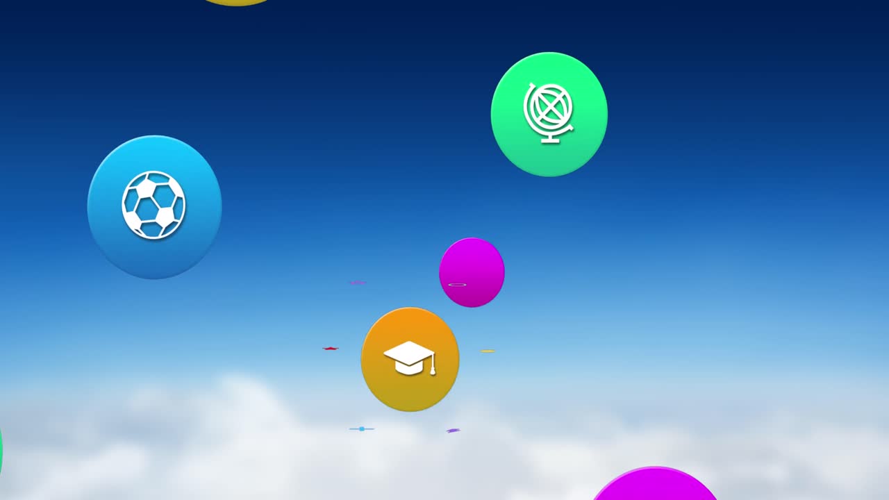 Animation of colorful icons over sky with clouds