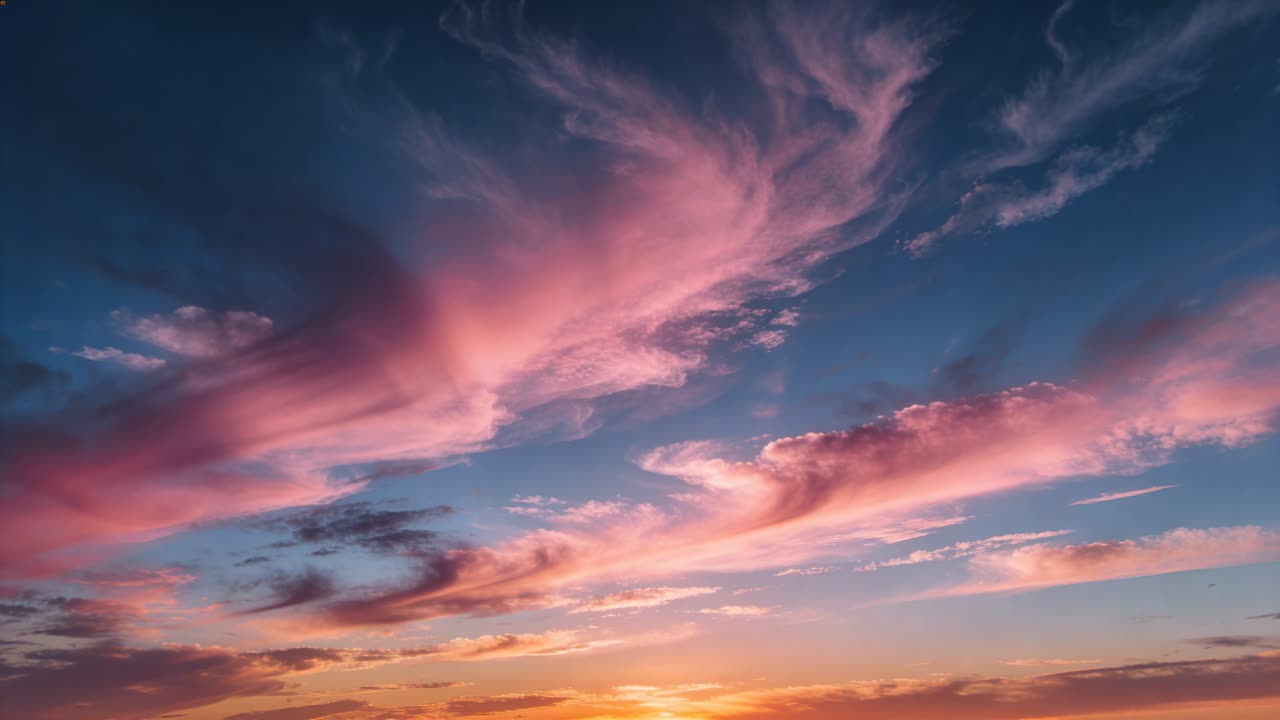 Descending sun near horizon causing pink cloud streaks brightening and deepening across wide sky