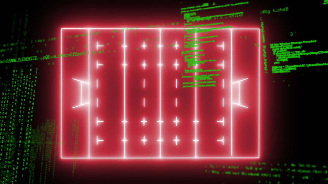 animación del procesamiento de datos sobre el campo de rugby de neón