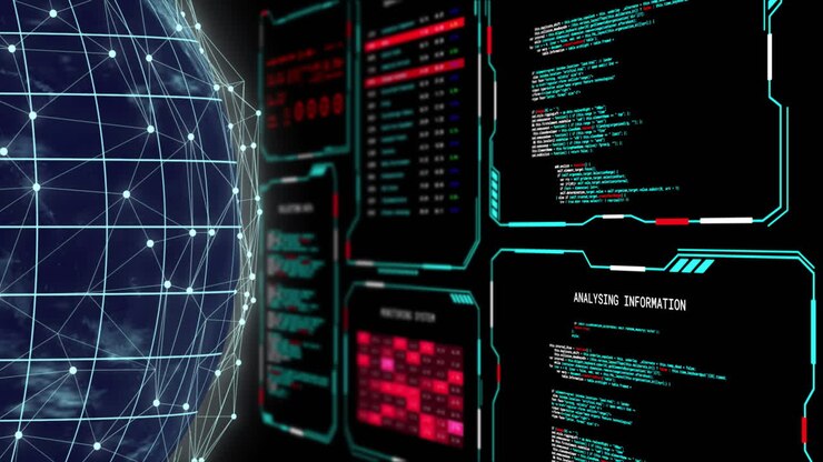 Animation of digital data processing on screens over globe on black background
