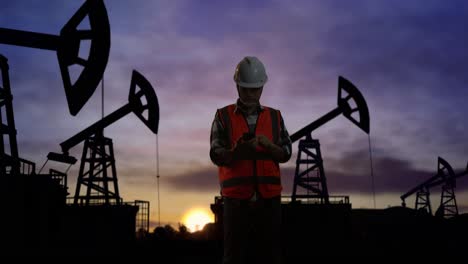 азиатский инженер с защитным шлемом использует смартфон, стоя перед нефтяными насосами во время захода или восхода солнца