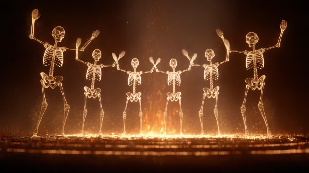 A Mesmerizing Dance of Ethereal Skeletons Enveloped in Fiery Light, Celebrating Life and Connection Through Enchanting Movements and Glowing Energy