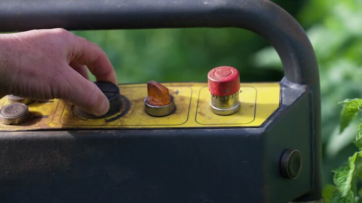A hand adjusting controls on an industrial machine