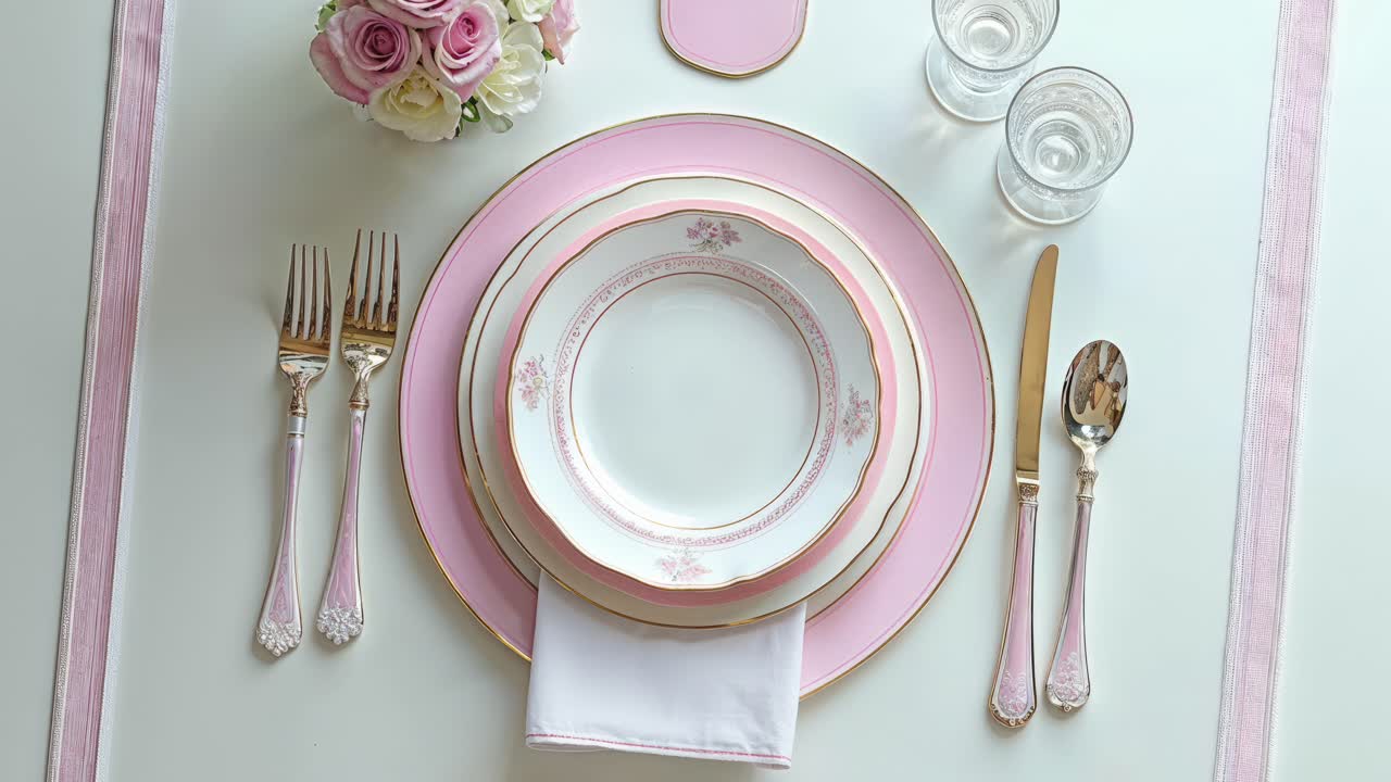 Elegant Pink and Gold Table Setting with Roses