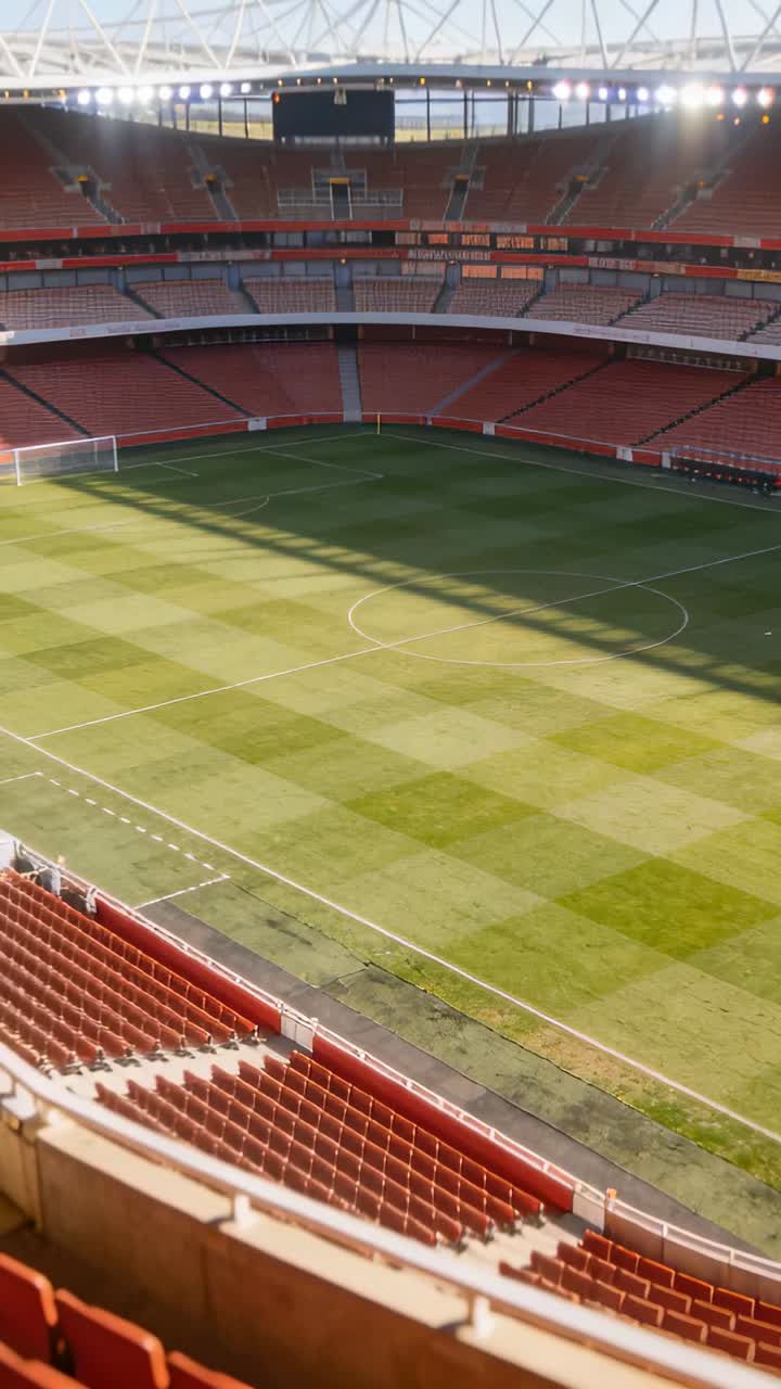 Stadio di calcio vuoto con campo verde e sedili arancioni in una giornata di sole.