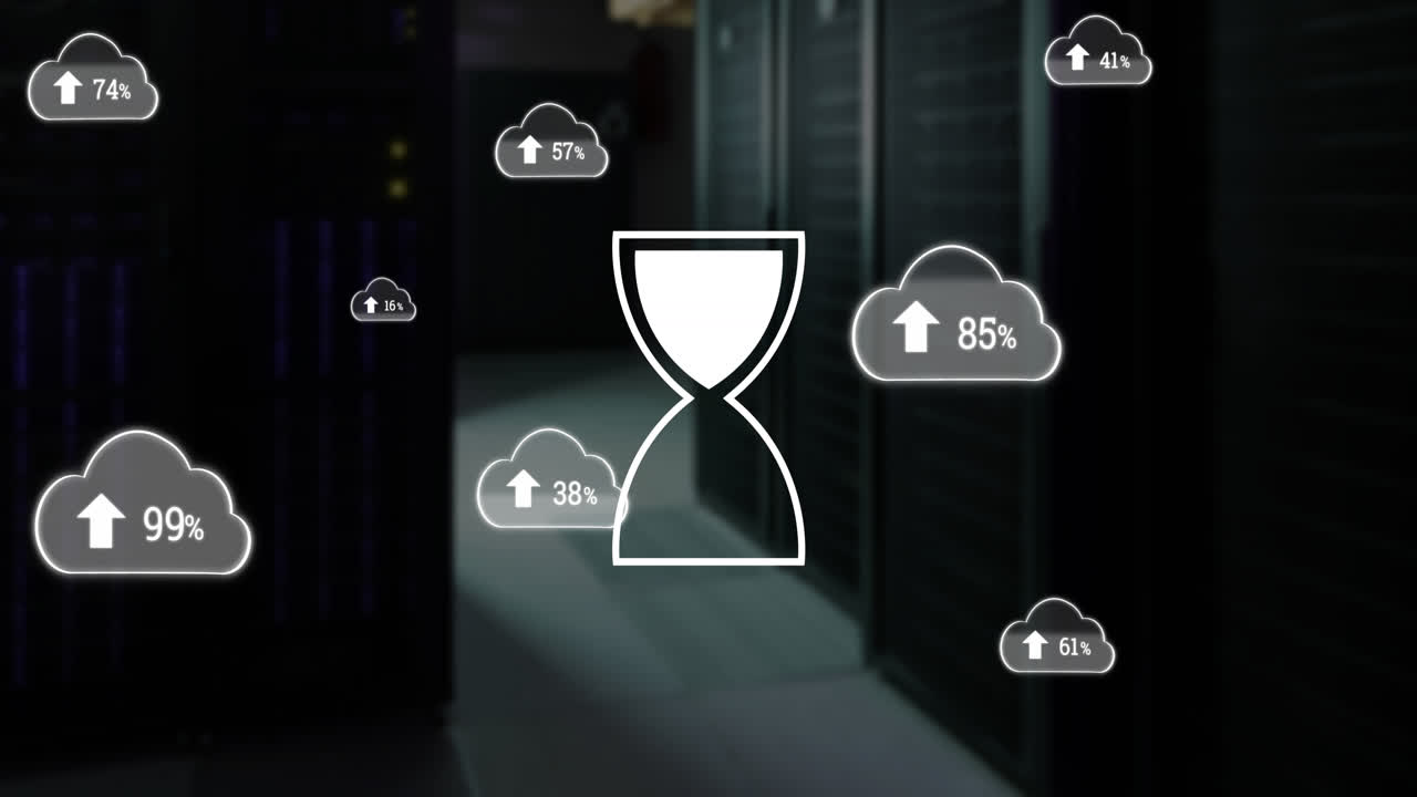 Animation of clouds and hourglass icon data processing over computer servers