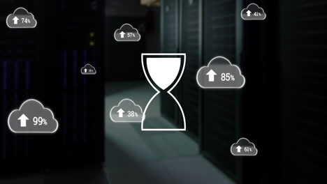 Animation-of-clouds-and-hourglass-icon-data-processing-over-computer-servers