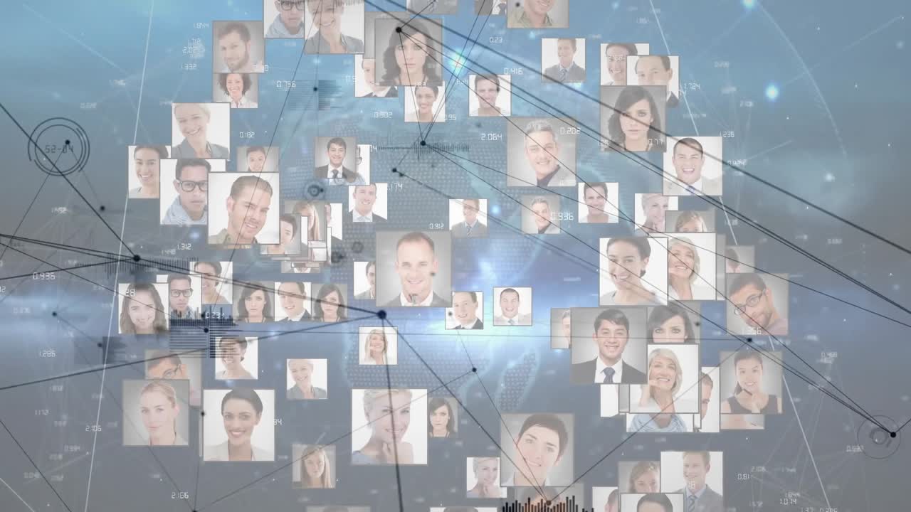 Usuário carregando painel de negócios, com retratos agrupados em torno de uma esfera brilhante formando conexões de rede.