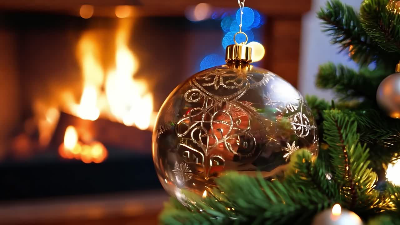Golden christmas ornament hanging from a branch of a christmas tree with a fireplace in the background