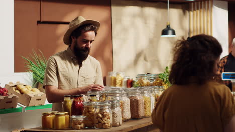 vegan man buys plastic free package food