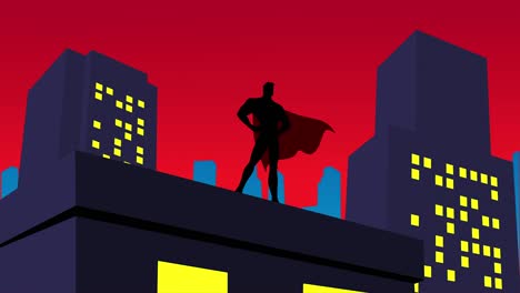 looping superhero silhouette standing on top of a building animation video