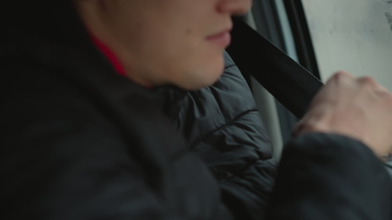 Close up of road traveler putting on car seat belt while sitting beside fogged window wearing winter jacket focusing on hand movement safety preparation during commute