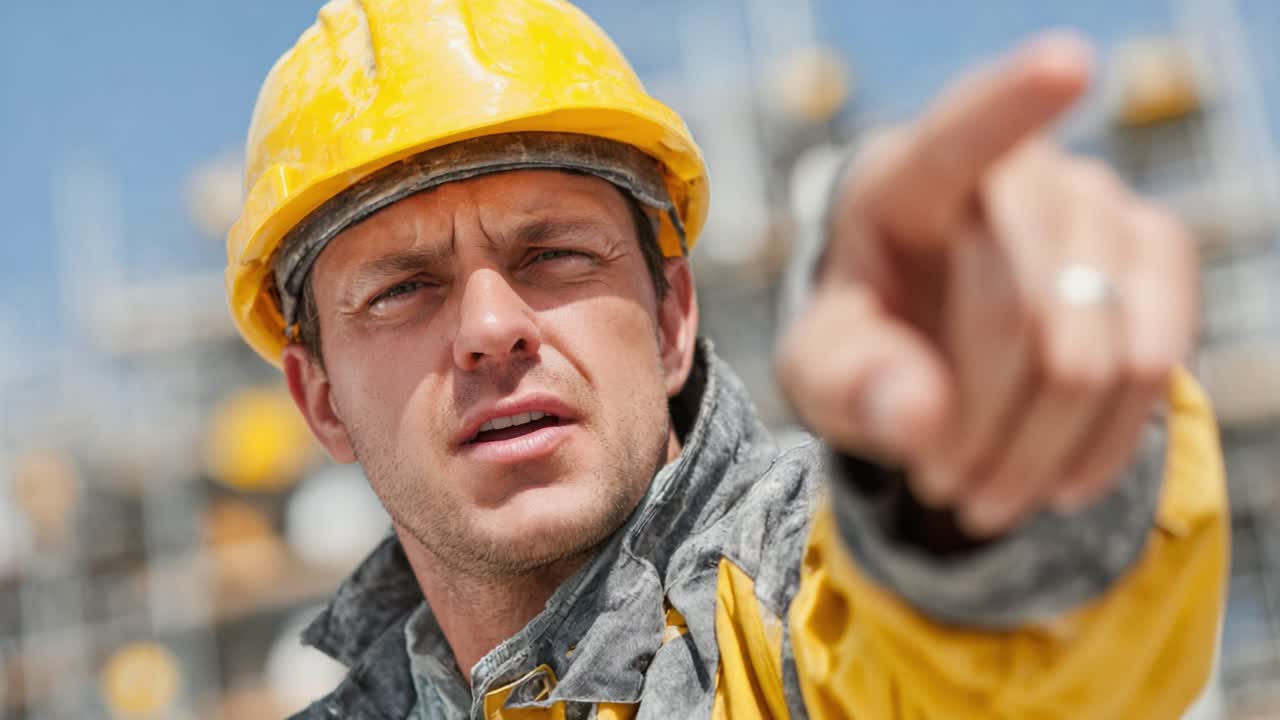 A construction worker in a yellow hard hat passionately directs attention towards a task, illustrating his commitment to safety and teamwork on the job site, ensuring productivity and progress