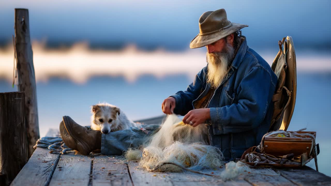 A Reflective Moment of Craftsmanship: A Weathered Fisherman Tending to His Nets While His Loyal Dog Watches by the Tranquil Waters of a Serene Lake