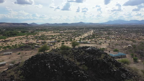 Desert-kenya,-africa-landscape-of-a-village-from-the-air-in-the-daytime-on-a-hot-summer-day