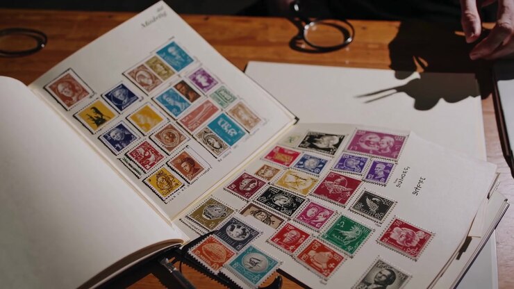 Philatelist Using Tweezers to Carefully Arrange Vintage Postage Stamps in Album