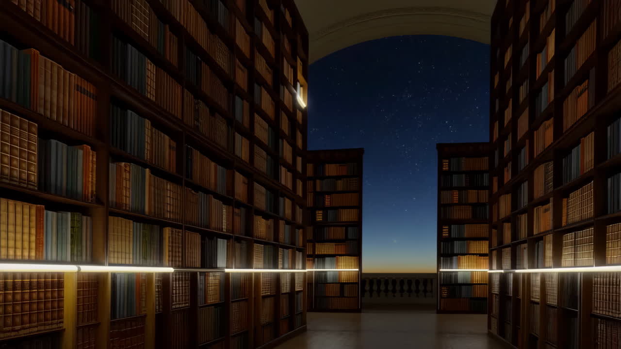 Scaffali di libri in una biblioteca in penombra