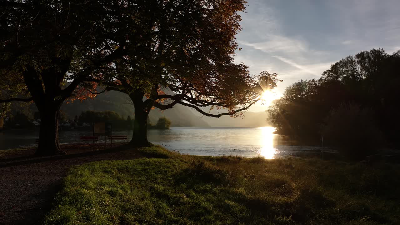 O pôr-do-sol sobre um lago calmo com árvores