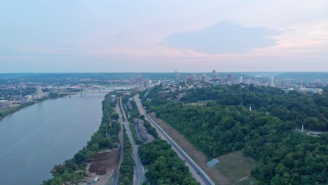 Downtown-Cincinnati-Skyline-Distant-Sunset-Drone-Video