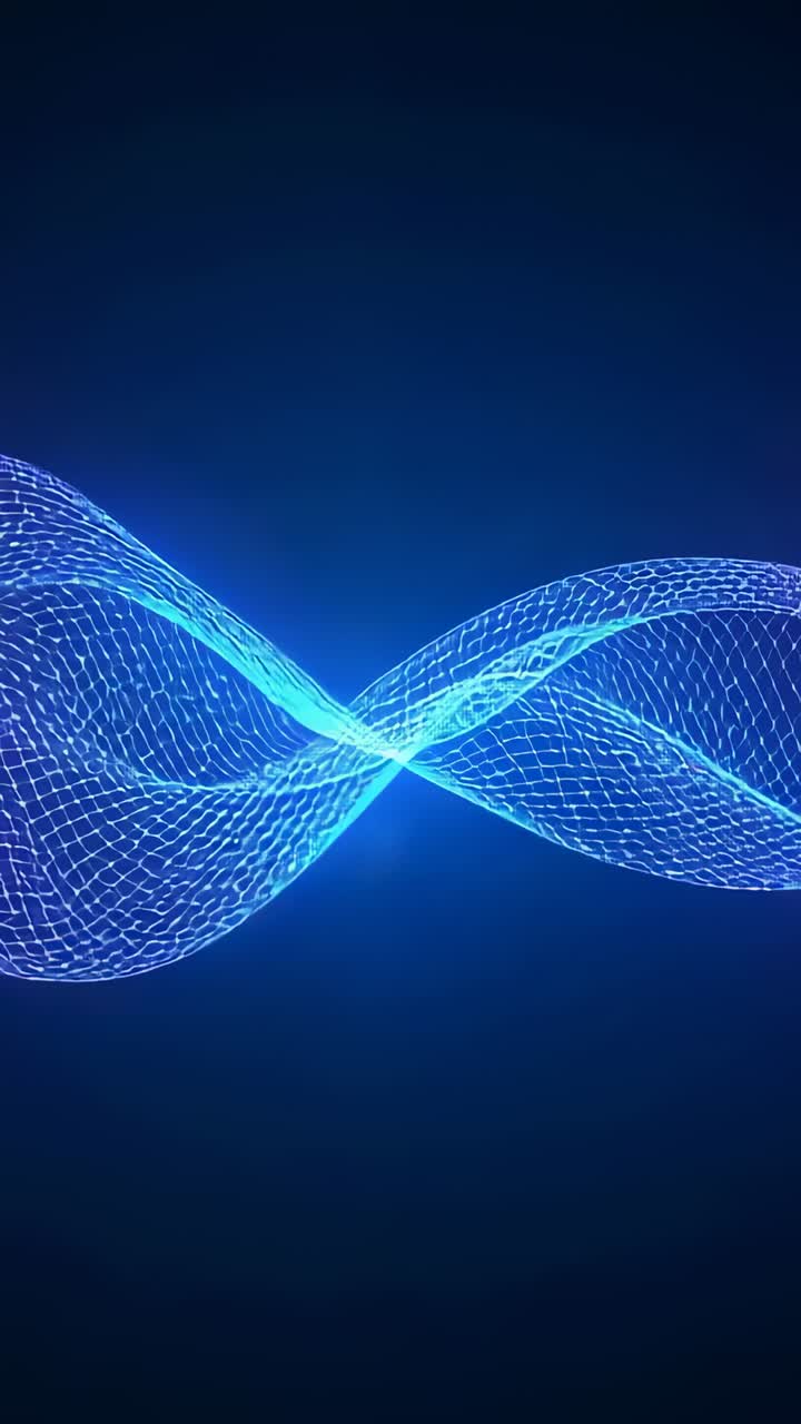 Vertical video: Playback starting, blue wire mesh undulating on navy bg, looping central glow