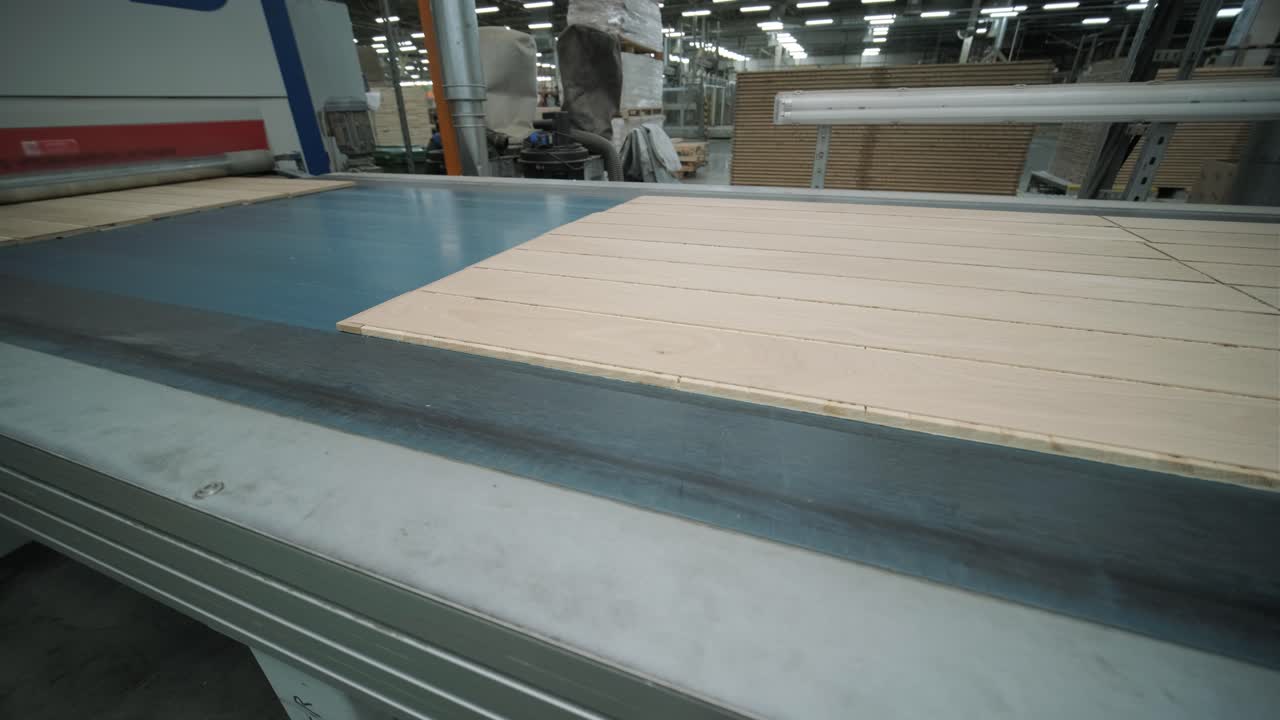 Wooden Panels Moving on Automated Conveyor Belt in Factory