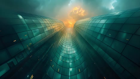 curving glass skyscrapers reaching for a dramatic sky