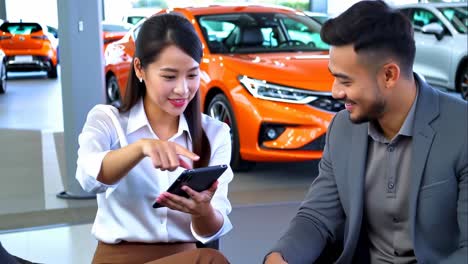 car saleswoman assisting customer with tablet