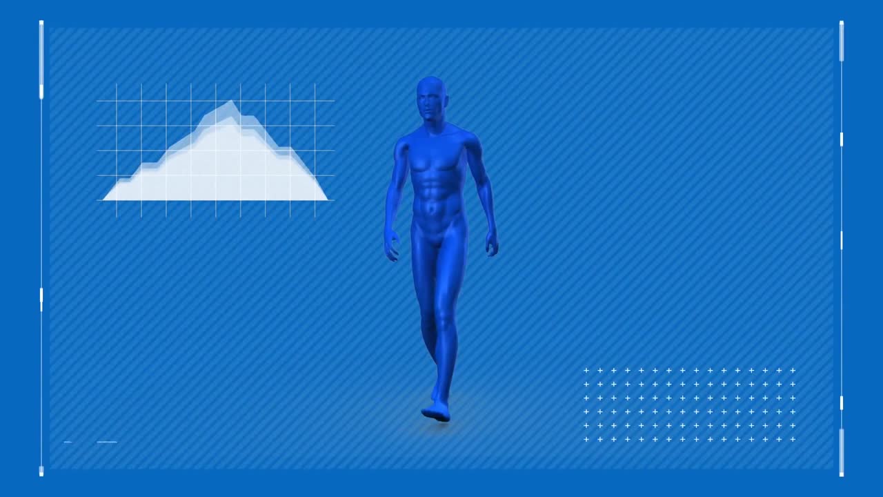 animación digital del hombre azul caminando en el espacio azul