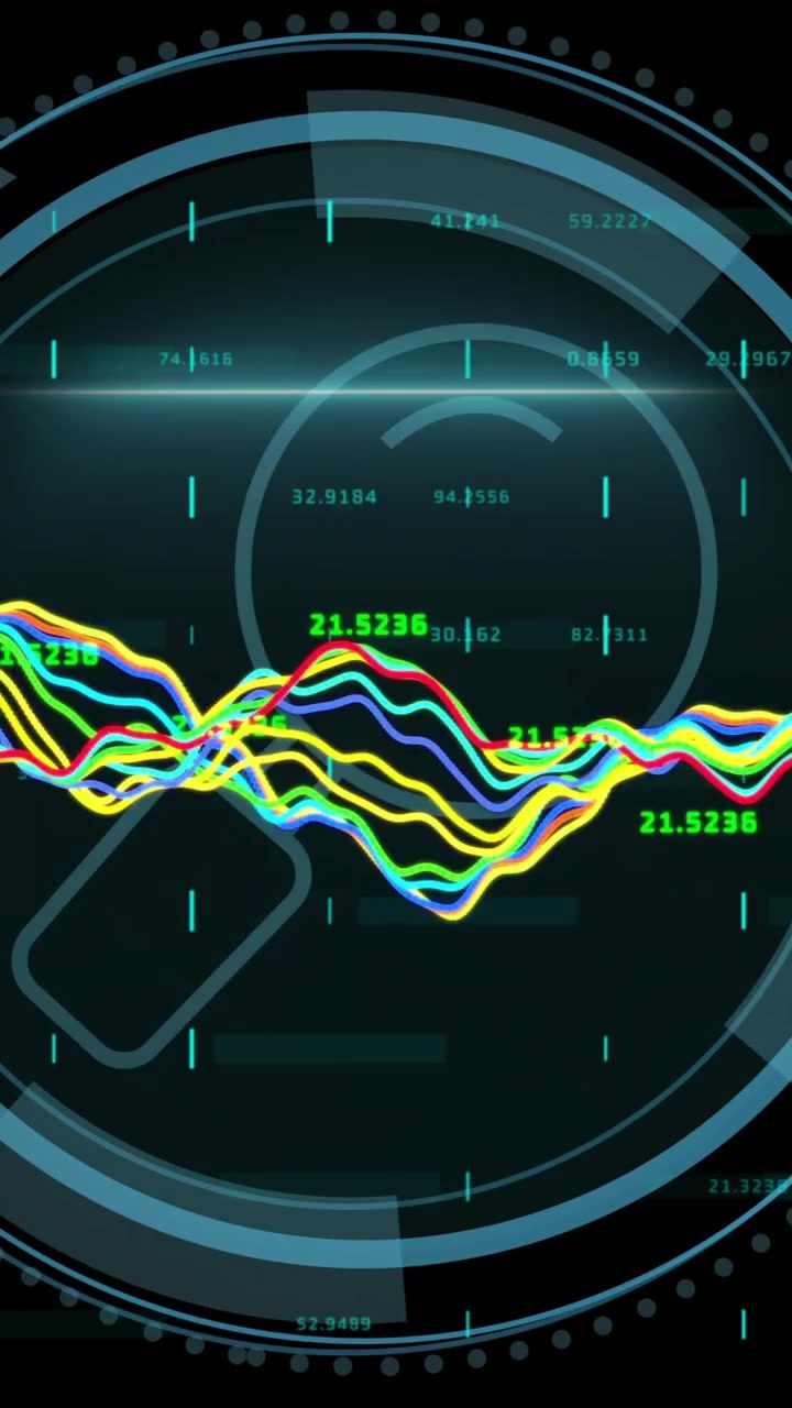 Animation of magnifying glass icon and data processing over black background